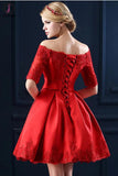 Lace Boat Neckline Red Lace Up Homecoming Dress,Half Sleeve Lace Homecoming Cocktail Dresses KPH0011