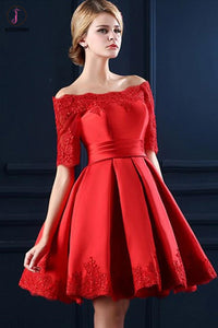 Lace Boat Neckline Red Lace Up Homecoming Dress,Half Sleeve Lace Homecoming Cocktail Dresses KPH0011