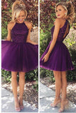 Open Back Homecoming Dress,Halter Purple Beaded Tulle Cocktail Dresses,Short Prom Dress KPH0009