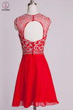 Homecoming Dresses Red Chiffon Cap Sleeves Short Prom Dress  KPH0006