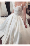 Fascinating Satin Sheer Neckline Ball Gown Wedding Dress With Appliques Bowknot KPW0298