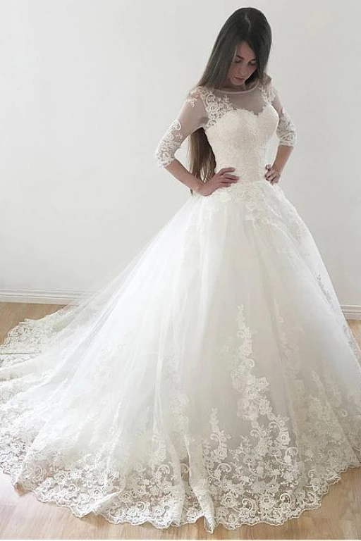 Ivory Puffy Half Sleeves Long Wedding Dress, Vintage Tulle Bateau Appliques Bridal Dresses KPW0301