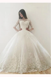 Ivory Puffy Half Sleeves Long Wedding Dress, Vintage Tulle Bateau Appliques Bridal Dresses KPW0301