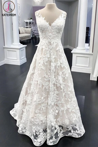 Kateprom A Line V Neck White Floral Lace Wedding gown online, Cheap prom dress,White Evening Dresses KPW0591