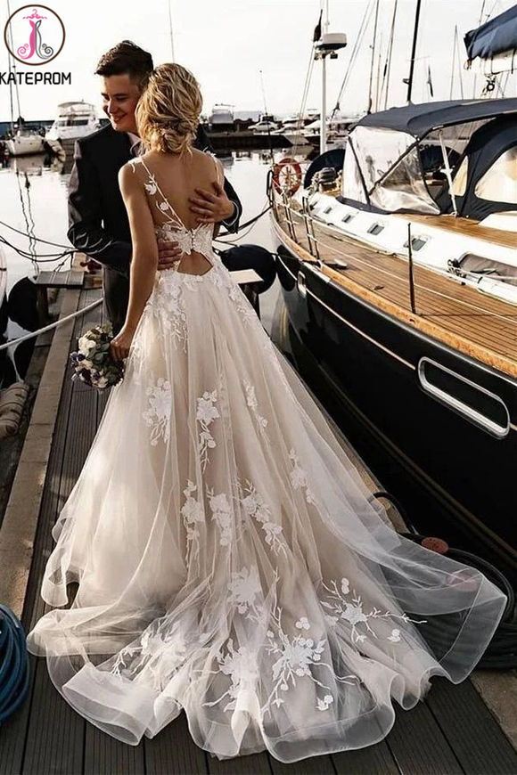 Kateprom A-Line Floral Applique Beach Wedding Dresses, wedding gown new,White Evening Dresses KPW0592