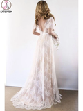 Kateprom Open Back Romantic A-Line White Lace Long Wedding Dress KPW0595