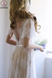 Kateprom Open Back Romantic A-Line White Lace Long Wedding Dress KPW0595