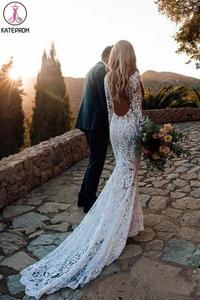 Kateprom 2021 Cheap Long Sleeve Lace Wedding Dress, V Neck Boho Wedding Dresses KPW0596