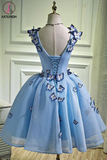 Kateprom Sky Blue A Line Flowers V Neck Sleeveless Junior Prom Dress, Homecoming Dress KPH0535