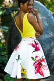 Kateprom A Line Yellow V Neck Floral Print Homecoming Dresses, Short Prom Dress KPH0540