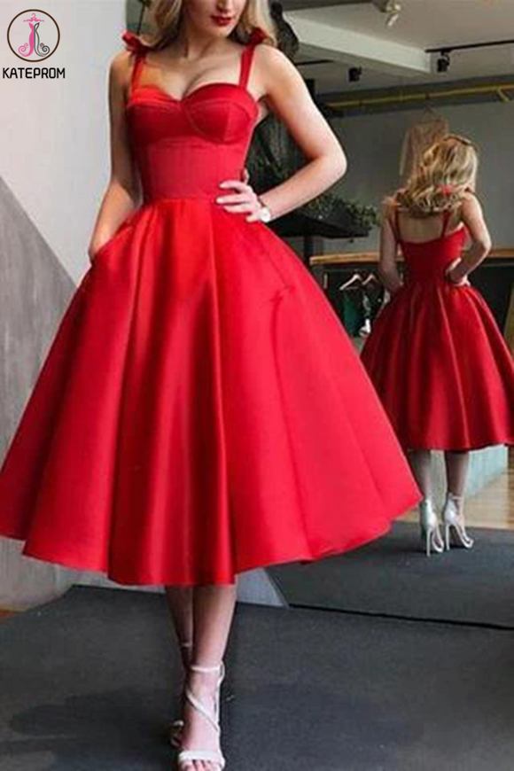 Kateprom A-Line Red Spaghetti Straps Tea-Length Satin Prom Homecoming Dresses with Pocket KPH0541