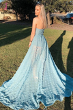 Kateprom Appliques Sexy A line See Through Strapless Slit Backless Blue Prom Dresses KPP1314