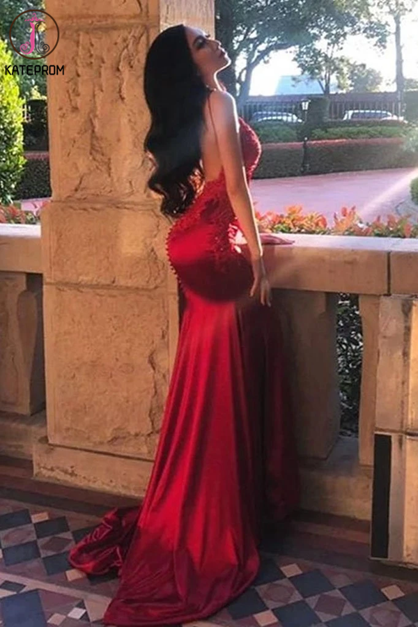 red spaghetti strap mermaid dress Promfast Appliques Chic Red Spaghetti Straps Mermaid V Neck Prom Dress –  kateprom