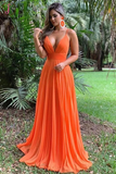 Kateprom A Line Spaghetti Straps Orange Prom Dress, Chiffon Sexy Deep V Neck Prom Dresses KPP1321
