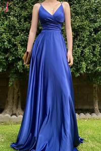 Kateprom Satin Royal Blue V neck Prom Dresses, A Line Lace up Evening Dresses for sale KPP1322