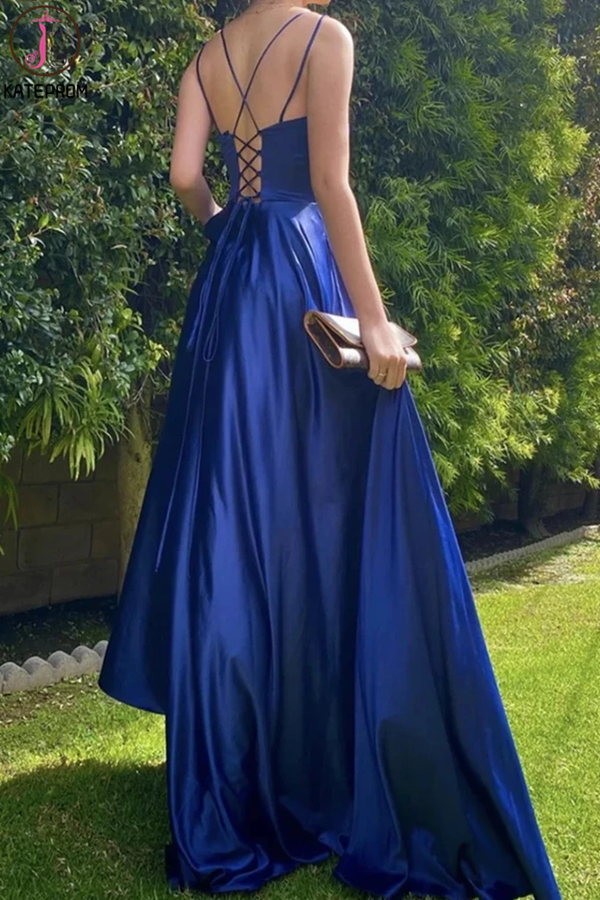 blue prom dresses for sale Kateprom Satin Royal Blue V neck Prom Dresses, A Line Lace up Evening –  kateprom