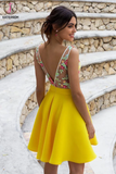 Kateprom Yellow Floral Satin Illusion Back Daffodil V Neck Homecoming Dresses Short Cocktail Dresses KPH0543