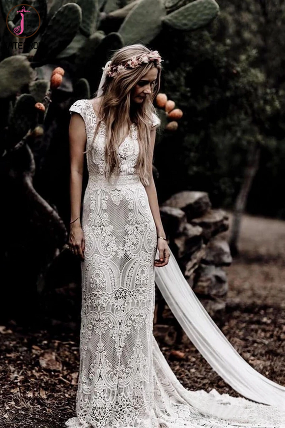 Kateprom Vintage Lace V Neck Rustic Wedding Dresses Cap Sleeve Ivory S kateprom Kateprom Vintage Lace V Neck Rustic Wedding Dresses Cap Sleeve Ivory S kateprom
