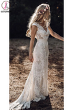 Kateprom Vintage Lace V Neck Rustic Wedding Dresses Cap Sleeve Ivory Sheath Beach Wedding Gown KPW0602