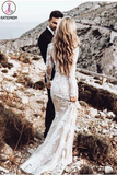 Kateprom Vintage Long Sleeve Mermaid Lace Applique Wedding Dresses Beach Wedding Gown KPW0603