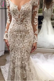 Kateprom Romantic Long Appliques Backless Lace Mermaid Ivory Long Sleeve Wedding Dresses KPW0605