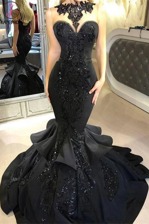 Kateprom Mermaid Prom Dresses Scoop Black Beading Long Prom Dress for Sale KPP1331