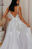 Kateprom A-line V Neck Soft Tulle Lace Appliques Romantic Wedding Dress KPW0607