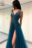 Kateprom A-line Prom Dresses Deep V Blue Tulle Modest Long Prom Dress KPP1333