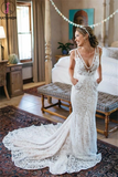 Kateprom V-Neck Ruched Backless Lace Pockets Mermaid White Wedding Dress KPW0610