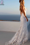 Kateprom Sexy Backless Off White Mermaid Lace V Neck Wedding Dresses, Long Prom Dresses KPW0611