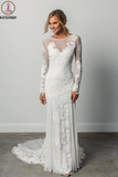 Kateprom Sheath A Line Long Sleeves Ivory Rustic Lace Backless Scoop Neck Beach Wedding Dresses KPW0612