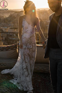 Kateprom Rose Lace Sheath Wedding Dresses Spaghetti Strap Boho Beach Wedding Dress KPW0618