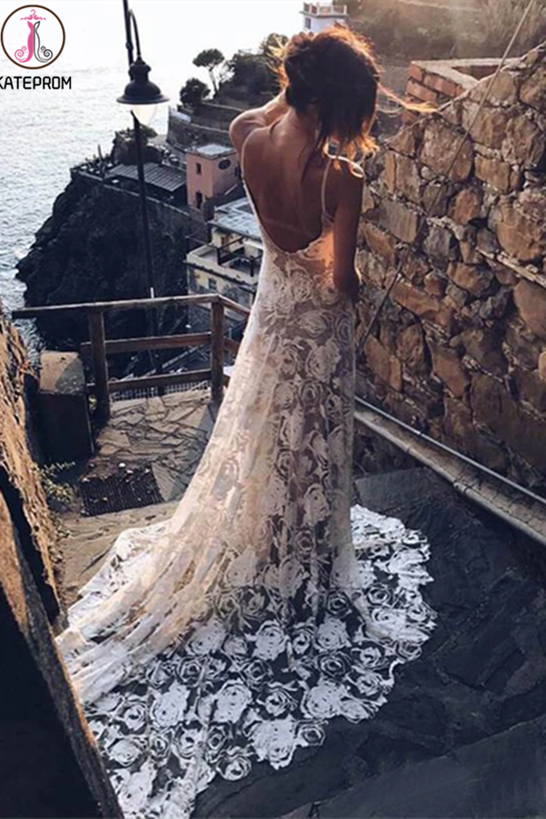 Kateprom Rose Lace Sheath Wedding Dresses Spaghetti Strap Boho Beach W –  kateprom