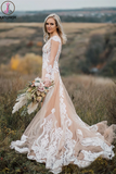 Kateprom Boho Wedding Dress With Nude Underlay Tulle Lace Applique Wedding Dress Bridal Gown KPW0621