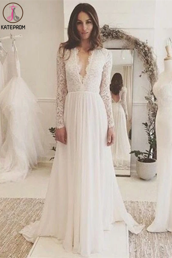 Kateprom Chic A-line Wedding Dresses Long Sleeve V neck Romantic Wedding Dress With Lace KPW0625
