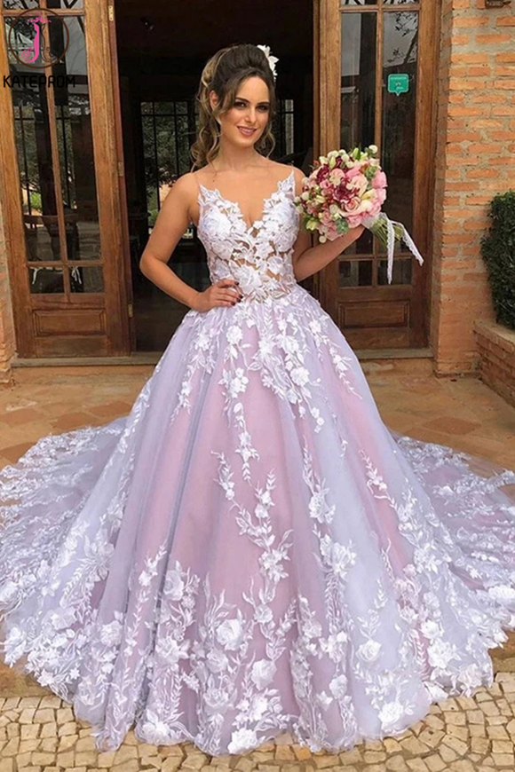 Kateprom A-line Sleeveless V Neck Tulle Appliques Pink Long Prom Wedding Gown KPW0627