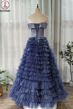 Kateprom Off the Shoulder Navy Blue Tulle Ruffles A Line Long Prom Dress KPP1340