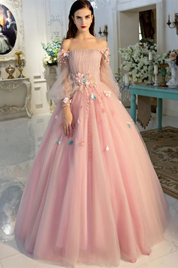 Kateprom Long Sleeve Prom Dresses Pearl Pink Ball Gown Long Floral Fai kateprom Kateprom Long Sleeve Prom Dresses Pearl Pink Ball Gown Long Floral Fai kateprom