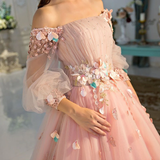Kateprom Long Sleeve Prom Dresses Pearl Pink Ball Gown Long Floral Fairy Prom Dress KPP1341