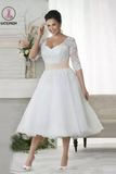 Kateprom Chic Tea Length Wedding Dresses A-line Half Sleeve V neck Lace Wedding Dress KPM0008