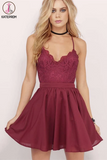 Kateprom Burgundy Homecoming Dress Spaghetti Straps A-line Lace Short Prom Dress Party Dress KPH0547