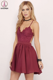Kateprom Burgundy Homecoming Dress Spaghetti Straps A-line Lace Short Prom Dress Party Dress KPH0547
