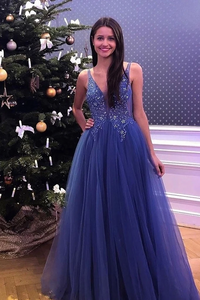 Kateprom Flowy V neck Simple Lace Tulle Beading Long Blue A line Party Prom Dresses KPP1347