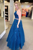 Kateprom Mykonos Blue Sparkly Two Pieces Appliqued Spaghetti Straps Prom Dress KPP1352