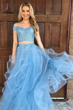 Kateprom Sky Blue Tulle Two Piece Off the Shoulder Prom Dresses with Appliques KPP1353