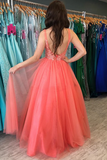 Kateprom A Line V Neck Backless Coral Lace Long Prom Dresses, Formal Dresses KPP1355