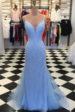 Kateprom Backless Mermaid V Neck Light Blue Prom Dresses, Formal Dresses KPP1356