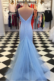 Kateprom Backless Mermaid V Neck Light Blue Prom Dresses, Formal Dresses KPP1356