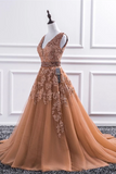 Kateprom Champagne V Neck Lace Long Prom Dresses, Lace Formal Dresses, Evening Dress KPP1357