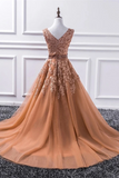 Kateprom Champagne V Neck Lace Long Prom Dresses, Lace Formal Dresses, Evening Dress KPP1357
